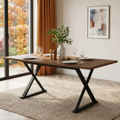 Produktbild von Esstisch 180x90 cm, Esszimmertisch für 6-8 Personen, Dining Table mit X-Metallgestell, Küchentisch in Walnussoptik, moderner Esszimmer Tisch