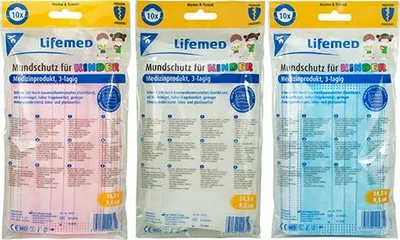 Produktbild von 240 Kinder-Mundschutz 3-lagig 9,5 cm x 14,5 cm farbig mit Nasenbügel