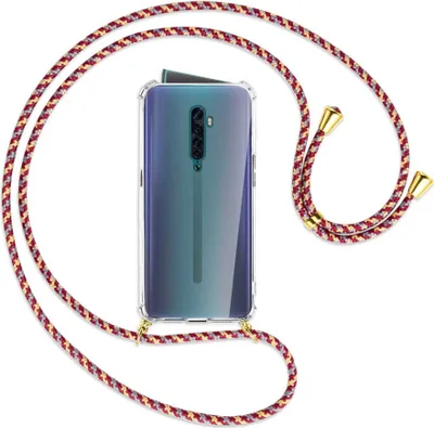 Produktbild von Handykette Backcover-Schutzhülle mit Band (Metall goldfarben) für Oppo Reno2 - weinrot/gelb/grau