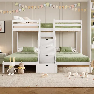 Image de Flieks Lit superposé 90x200cm pour 3 enfants, lit surélevé d'enfant avec escalier de rangement, lit superposé simple avec protection contre les chutes et sommier à lattes, blanc