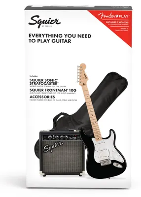 Produktbild von Squier by Fender Sonic Stratocaster Electric Guitar Pack, Maple Fingerboard, Black, Gig Bag, Squier Frontman 10G Amp - 230V EU, Inklusive er virtueller Kurse auf Fender Play