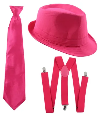 Produktbild von Gangster Kostüm Set I Hut - Hosenträger - Krawatte I Pink