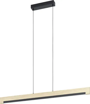 A modern LED pendant light with a black rectangular canopy and a long, slim light bar made of wood and black metal.