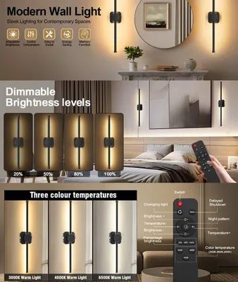 Image de Applique murale LED avec télécommande, grande taille, 3 températures de couleur, orientable à 350°, intensité réglable, batterie rechargeable, pour chambre à coucher et couloir