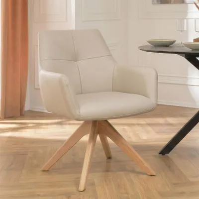 Produktbild von riess-ambiente Drehbarer Stuhl ALMARA beige sand natur Echtleder Eiche Massivholz 360° Esszimmerstuhl