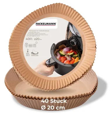 Produktbild von Fackelmann Backpapier für Heißluftfritteuse, 20 cm rund, 40-teilig, wasser- und ölfest, hitzebeständig bis +220 °C