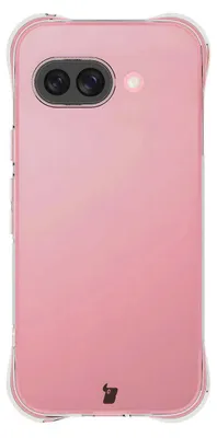 A pink phone case with a clear border is shown against a white background. The back of the phone case has a camera cutout and a small logo at the bottom.
