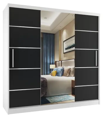 Immagine prodotto di BELINI Verona, armadio scorrevole da 200 cm, bianco/nero opaco - armadio con specchio e 4 cassetti, ideale per la camera da letto