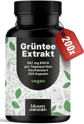Produktbild von Bloom Naturals Grüntee Extrakt 200 Kapseln 1333 mg vegan