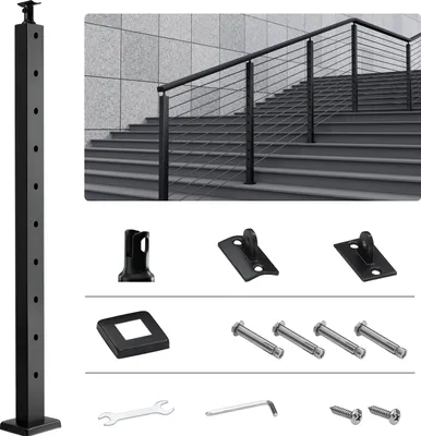 Immagine prodotto di SucceBuy paletto per ringhiera in cavo d'acciaio, 91,4x2,5x5,1 cm, fori inclinati di 30°, 10 fori preforati, acciaio inox SUS304 con staffa curva, nero