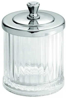 Produktbild von Unyqoos® Elegante Aufbewahrungsbox für Wattepads & Wattestäbchen, transparent, Kunststoff, Ø 8,6 cm × H 13,0 cm, mit chromfarbenem Deckel, für Bad & Kosmetik