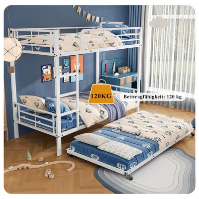 Produktbild von Eisenbett Etagenbett mit Ausziehbett 4 Seitengitter Leiter EN747, 90x200 cm weiß