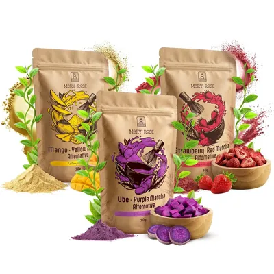Produktbild von Mary Rose - Bunter Matcha Tee Pulver Violett, Rot, Gelb 3x50g - Ube, Mango, Erdbeere - ohne Zucker - Natürliche Lebensmittelfarbe Für Latte & Deserts