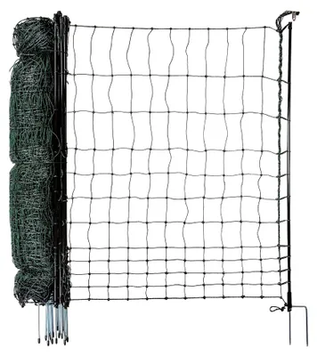 Produktbild von Hühnerzaun 50m lang, 110cm hoch - 15 Fiberglaspfähle mit Doppelspitze - Geflügelzaun ohne Strom, mobiler Zaun, Hühnerauslauf, Geflügelnetz