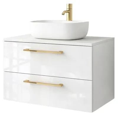Produktbild von Waschtisch mit Unterschrank ONE 2 Schubladen Weiß Hochglanz 80x50x46 hängend Badmöbel Badezimmer Badezimmermöbel Waschbeckenschrank
