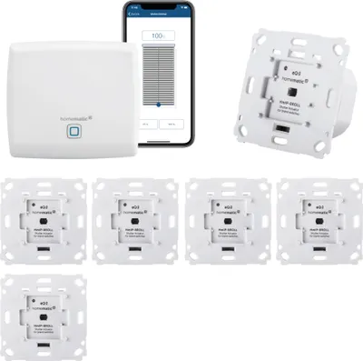 Produktbild von Homematic IP Rolladensteuerung für 6 Rolladen. Smart Home Set mit App zur Automatisierung der Rolläden. Ideal zur Nachrüstung. Alexa kompatibel. Inhalt: Access Point, 6 Funk Rolladenaktoren, Adapter.