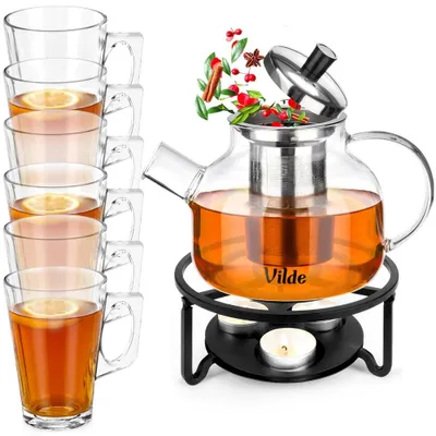 Produktbild von Vilde | Teekanne mit Sieb 850 ml - Glaskanne mit Stövchen - 6 Gläser 255 ml - Spülmaschinenfest