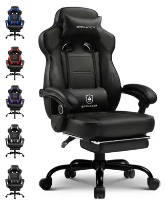 Obrázok produktu pre Herná stolička – Ergonomická kancelárska stolička s podnožkou – Maximálna nosnosť 180 kg – Nastaviteľný sklon až 155° – Výškovo nastaviteľná – S bedrovou opierkou a opierkou hlavy – Čierna