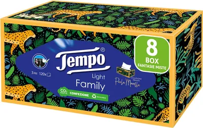Produktbild von Tempo Box Taschentücher, 8 x 120 3-lagig biologisch abbaubar, Family Box