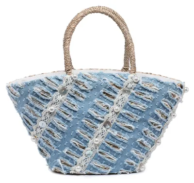 Productafbeelding van Dames shopper tas, katoen, blauw denim, gevlochten stro met kant en parels