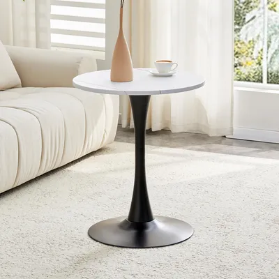 Produktbild von Runder Beistelltisch, 60cm kleiner Couchtisch, Kaffeetisch mit weiße Maserungsoptik und schwarzer Stützfuß, für Wohnzimmer, kleine Räume oder Büro
