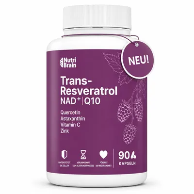 Produktbild von Trans-Resveratrol, NAD⁺, Coenzym Q10, Quercetin, Astaxanthin, Vitamin C & Zink | Antioxidativ, Anti-Aging & Immunsystem | 90 Kapseln | Hochdosiert
