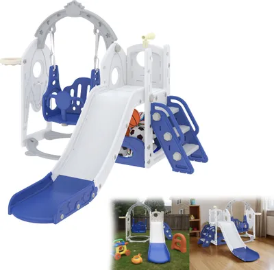 Image de UISEBRT Toboggan 6 en 1 pour enfants avec structure d'escalade - Toboggan autoportant, échelle d'escalade, panier de basket & balançoire, Set de jeu pour enfants pour l'intérieur et l'extérieur