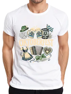 Obrázek produktu pro , "Wiesn", sklenice na pivo, tradiční dámské šaty "Dirndl", preclík, Bavorsko, srdce, tradiční pánské kalhoty "Lederhose", pánské tričko, bílá barva, velikost 3XL