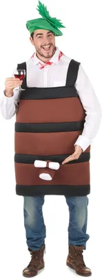A man wearing a barrel costume and a green hat, holding a glass of red wine.