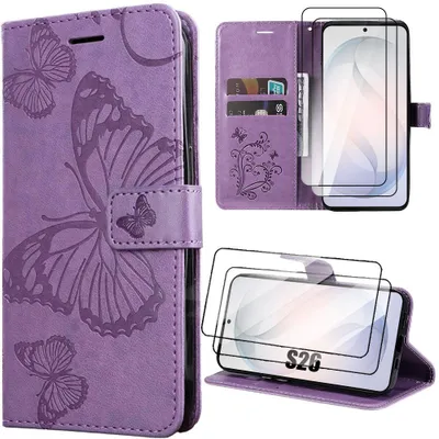 Image de Coque + 2 Verres Trempés pour Samsung Galaxy S26, Cuir Synthétique Antichoc Anti-Rayures Motif Papillon Violet