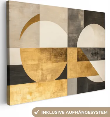 Produktbild von Leinwand Bilder 80x60 cm - Abstrakte Formen - Gold - Beige, Wandbilder, Wanddeko Wohnzimmer, Bild