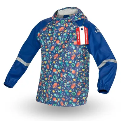 Produktbild von GEBOL Kinder Regenjacke wasserdicht mit Kapuze – leichte atmungsaktive Outdoor Jacke mit Reflektoren für Mädchen & Jungen – Matschjacke „Little Helpers” – Größe 98-104, Weltall - Blau