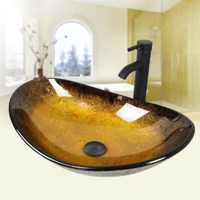 Produktbild von Puluomis Waschbecken Glas Aufsatzwaschbecken Waschschale Oval 53x35x16cm mit Wasserhahn, Ablaufgarnitur, heiße und kalte Wasser Linien Schwarz Gold