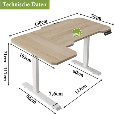 Zdjęcie produktu dla Hilodesk 150cm l-desk biurko narożne z elektryczną regulacją wysokości, z dwoma silnikami, biurko stojące w kształcie litery L, z 4-pamięciowym sterowaniem, beżowe
