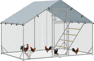 Zdjęcie produktu dla PawHut Kurnik wolnowybiegowy ze stali, 3 x 2 x 1,95 m Klatka dla kurczaków z pokrywą odporną na promieniowanie UV, drzwiczki do karmienia, wiszący karmnik, grzęda, wybieg dla 6-8 kurczaków, małe zwierzęta, srebrny