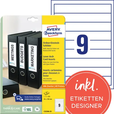 Produktbild von Avery Zweckform C32266-25, Ordner-Einsteckschilder, A4, 30 x 190 mm, 225 Stück / 25 Bögen, weiß