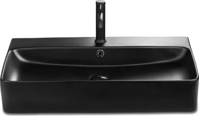 A black ceramic sink with a black faucet is shown against a white background.