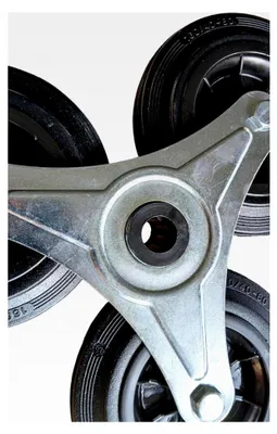 Produktbild von Radsterne mit Verschlusskappen für Treppenkarre, Vollgummi 160x40mm, Schwarz, 3 Räder mit Gleitlager und Rollenlager, Verzinktes Stahlblechgehäuse, Tragkraft 140kg