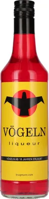 A bottle of Vögeln Liqueur on a white background.