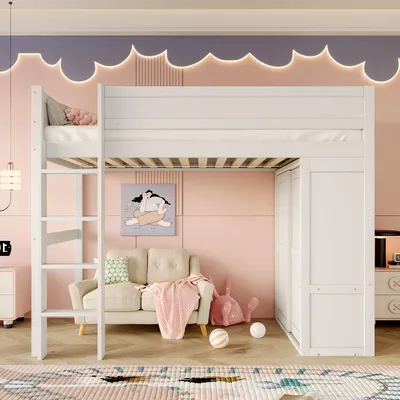 Produktbild von okwish Hochbett ohne Matratze 90x200cm Jugendbett mit Kleiderschrank und Staufach,vielseitiges Kinderbett mit offener Unterbettraum, weiß