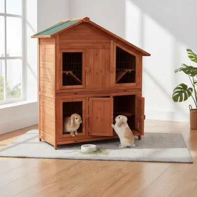 Two rabbits are interacting with a wooden multi-level hutch.