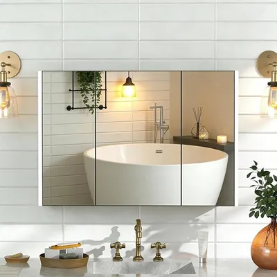 Obrázek produktu pro Zrcadlová skříňka do koupelny, rozměry 100 x 70 cm, koupelnová skříňka se zrcadlem, skříňka do koupelny s LED osvětlením, dotykové ovládání, stříbrná barva