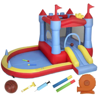 Produktbild von Aufblasbar Hüpfburg mit Gebläse Rutsche Trampolin Planschbecken/Bällebad Wasserpistole 342x255x209 cm Blau