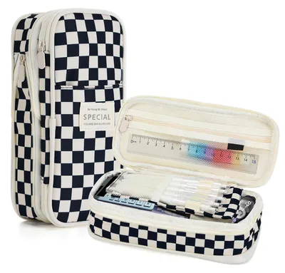 Image de Trousse à crayons à 4 compartiments, grande capacité, motif à carreaux, trousse pour l'école et le bureau (noire)