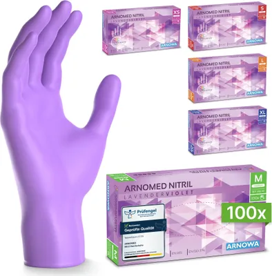 Produktbild von ARNOMED Nitril Handschuhe in Violett, bunt und strapazierfähig, Größe M | Box (100 Stück)