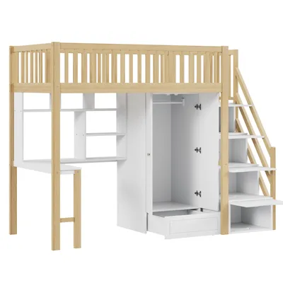 Produktbild von Hochbett mit Lattenrost, Rausfallschutz, Schreibtisch, Kleiderschrank und Regal, 90x200 cm, Jugendbett, Kinderbett