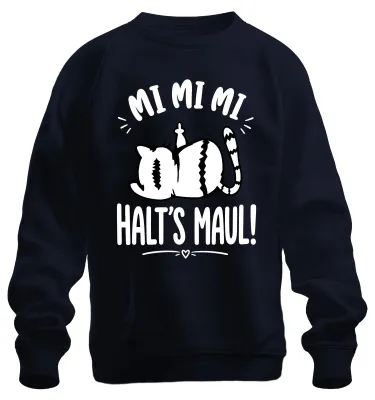 Obrázek produktu pro Pulover s potiskem "Mi Mi Mi Halt's Maul Katze Mittelfinger", sarkastický motiv, modrá barva, velikost L