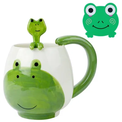 Obrázok produktu pre Keramická hrnček "Žaba", objem 400 ml, zelená, s lyžičkou a podšálkou