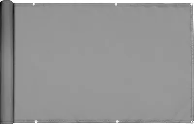 A rolled-up gray fabric screen, likely a balcony privacy screen, is shown against a light gray background.