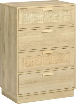 Image de Commode design bohššme en rotin avec 4 tiroirs, meuble de rangement pour le salon, le couloir, l'entršŠe, bois naturel